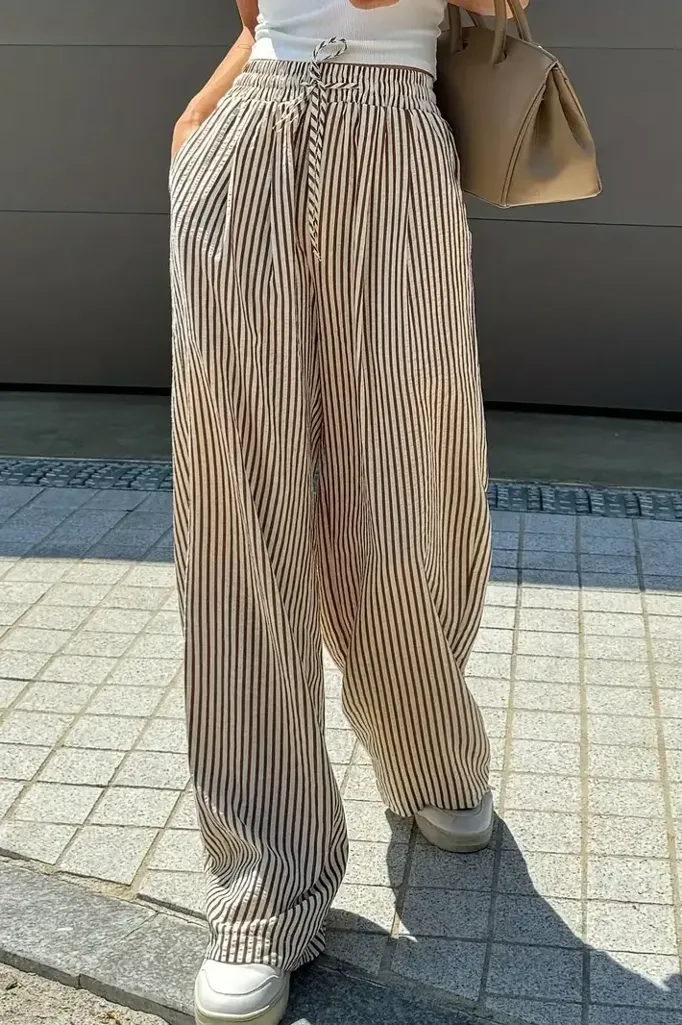 Brown Striped Mid Rise Pants - Image 1