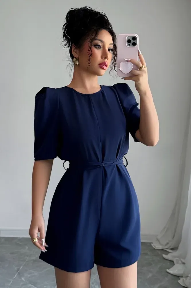 Navy Blue Solid Round Neck Playsuit - Image 1
