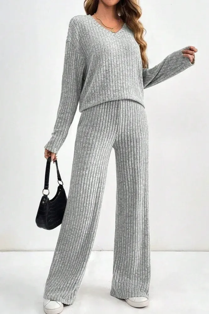 Grey Solid V-Neck Co-Ord Set - Image 1
