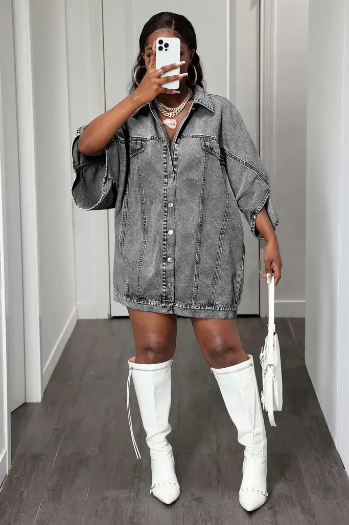 Light Grey Oversized Denim Buttoned Dress - Image 1