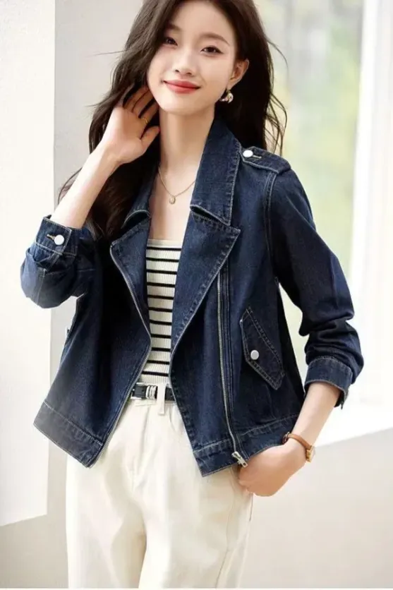 Dark Blue Solid Zipper Denim Jacket - Image 1