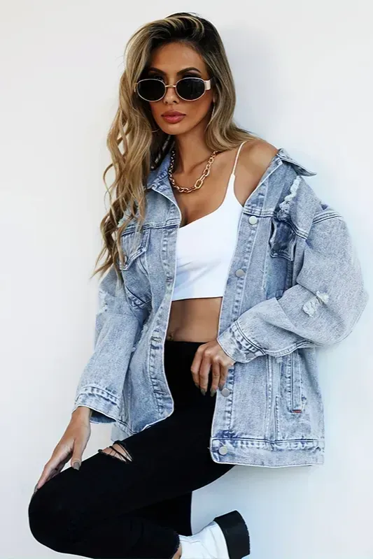 Light Blue Ripped Oversized Denim Jacket - Image 1