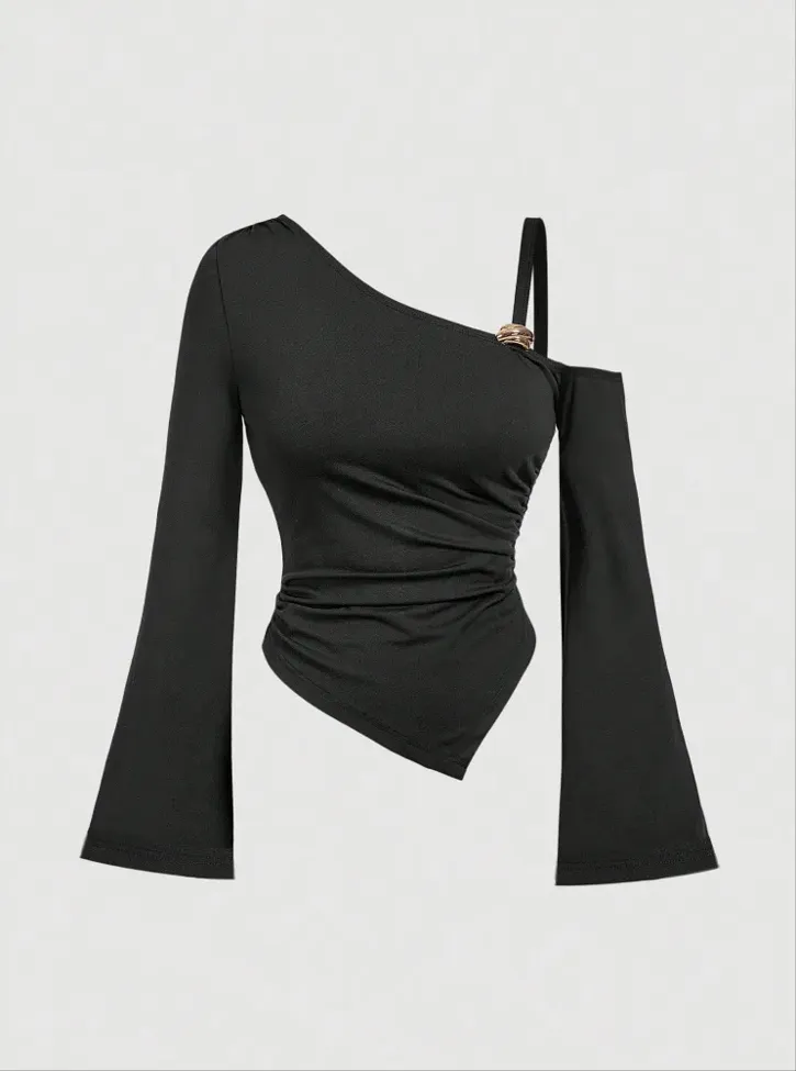 Black Ruched One-Shoulder Top - Image 1