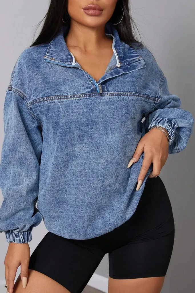Blue Denim Zip Collar Top - Image 1