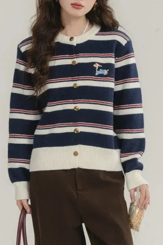 Dark Blue Striped Button Down Cardigan - Image 1