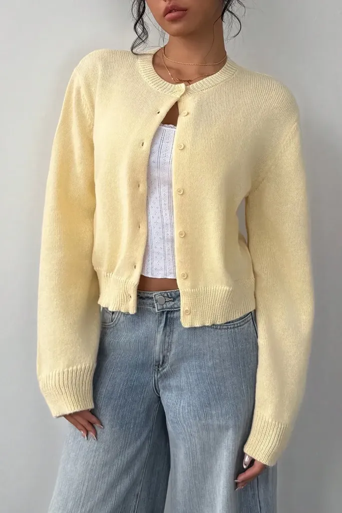 Yellow Buttoned Crew Neck Cardigan - Image 1