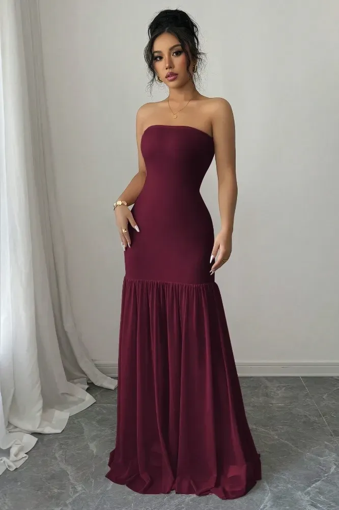 Maroon Tube Neck Mermaid Maxi Dress - Image 1