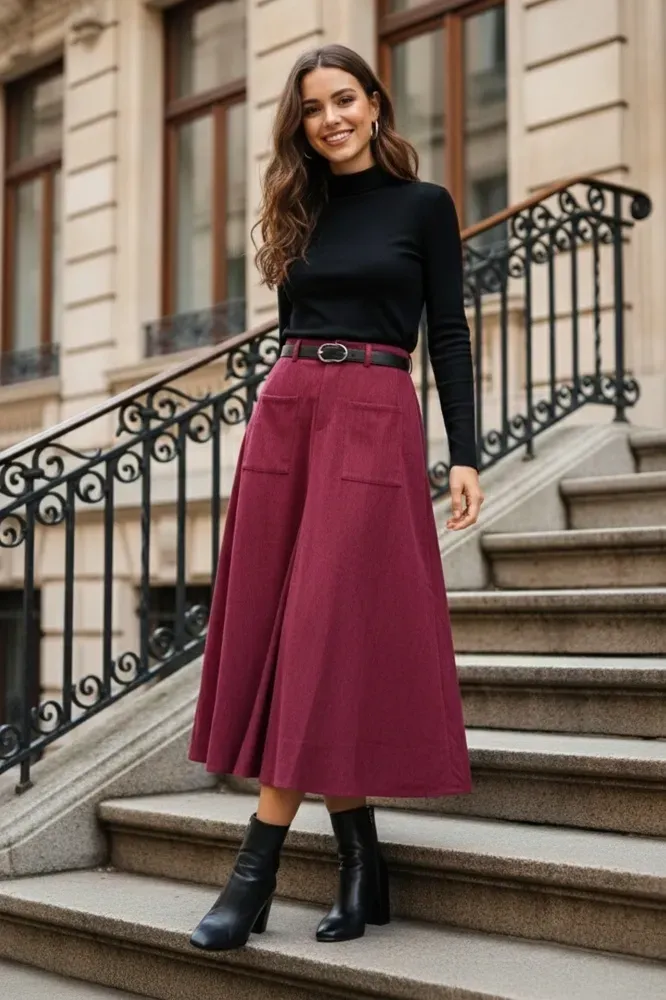 Maroon High Rise A-Line Midi Skirt - Image 1
