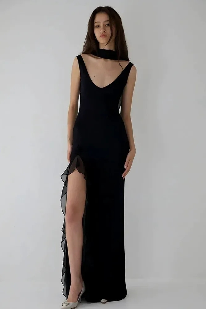 Black Ruffled Maxi Dress With Scarf - Image 1