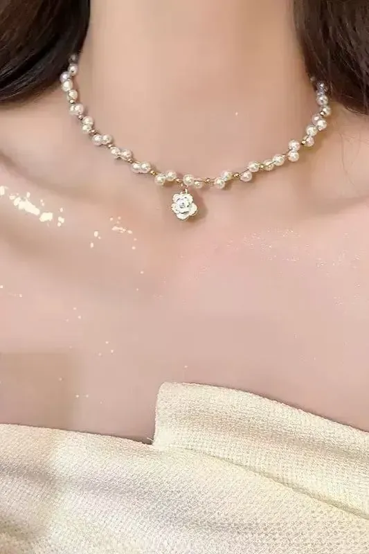 White Pearl Rose Pendant Necklace - Image 1