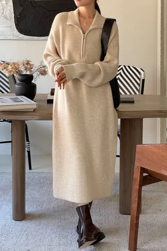 Beige Zip-Collar Neck Midi Dress