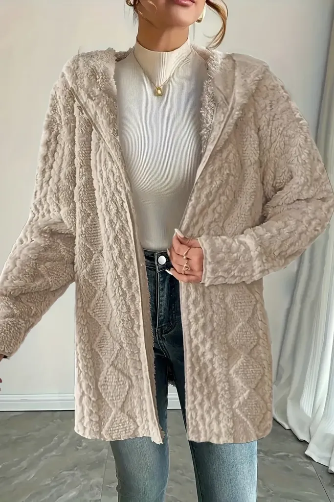 Textured Beige Hooded Fur Coat - Image 1