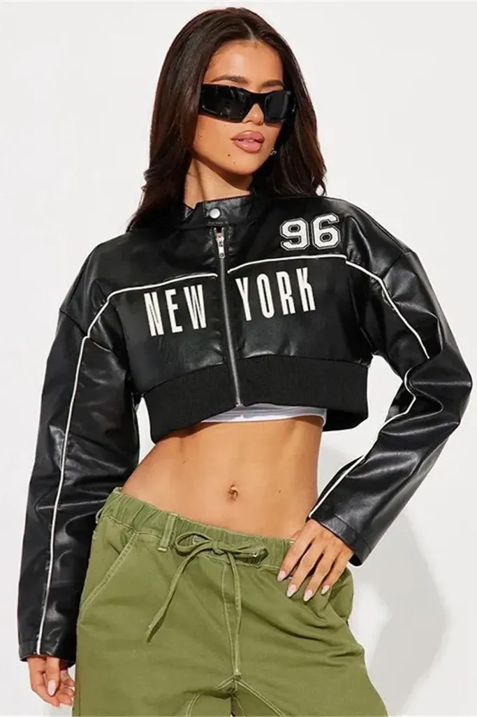 Black Typography Crop PU Jacket - Image 1