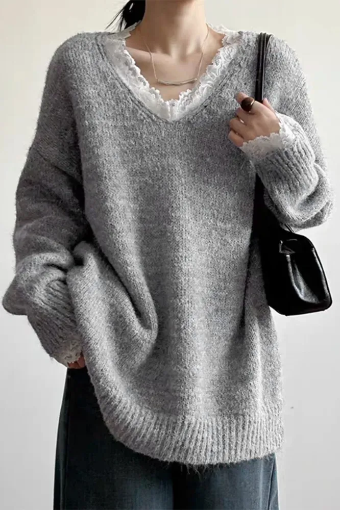 Grey V-Neck Lace Insert Sweater - Image 1