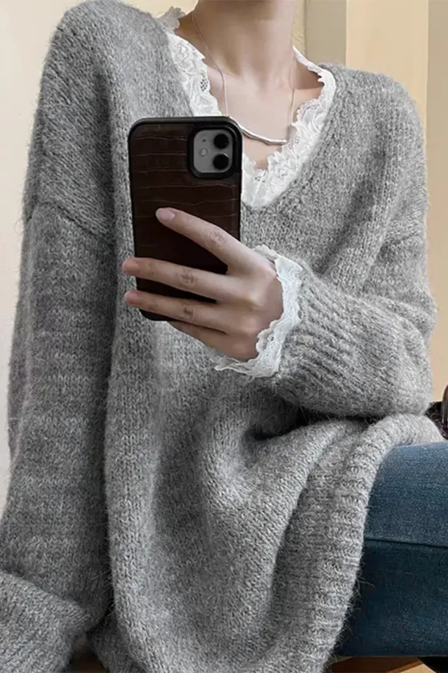 Grey V-Neck Lace Insert Sweater - NEWME