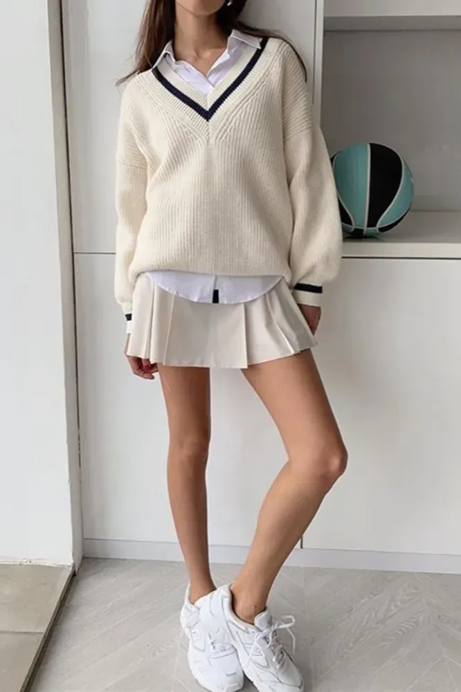 White Oversized V-Neck Sweater - Image 1