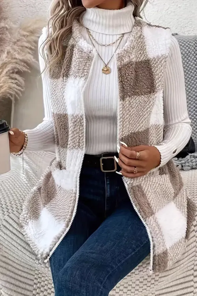 Light Brown Plaid Zipper Cardigan - Image 1