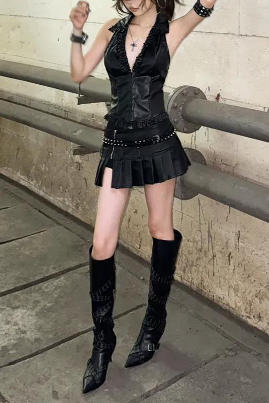 Black Ruffled Halter Neck Top - Image 1