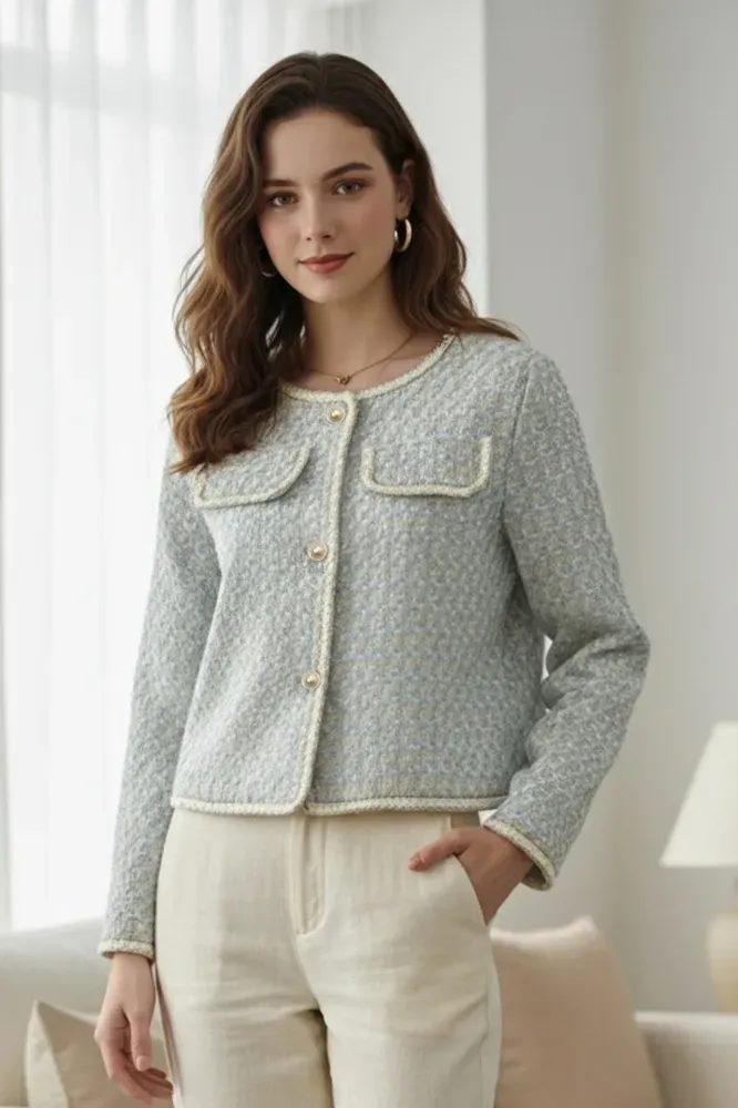Blue Houndstooth Buttoned Cardigan - Image 1