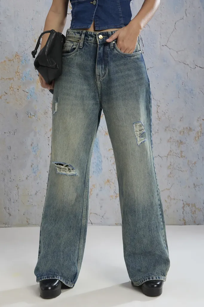 Light Blue Mid Rise Wide Leg Jeans - Image 1