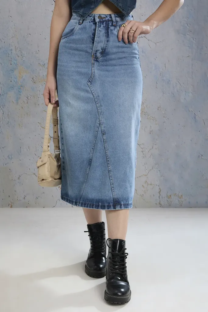 Light Blue Denim Midi Skirt - Image 1