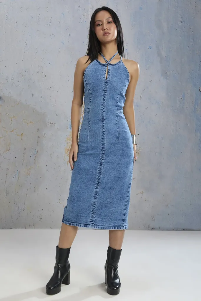 Light Blue Tie-Up Denim Midi Dress - Image 1