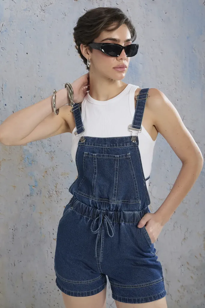 Dark Blue Mini Denim Dungarees - Image 1