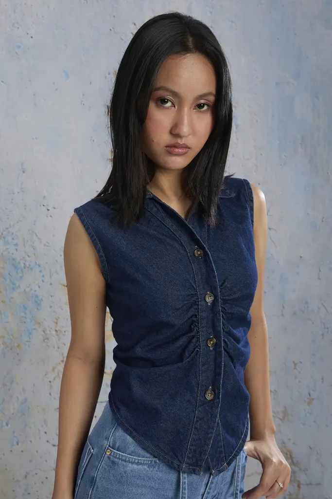 Dark Blue V-Neck Denim Top - Image 1