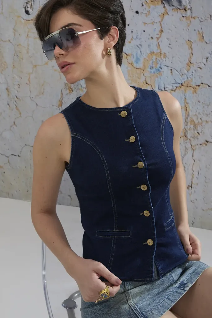 Dark Blue Round Neck Denim Cropped Top - Image 1