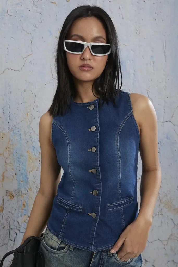 Dark Blue Round Neck Denim Cropped Top - Image 1