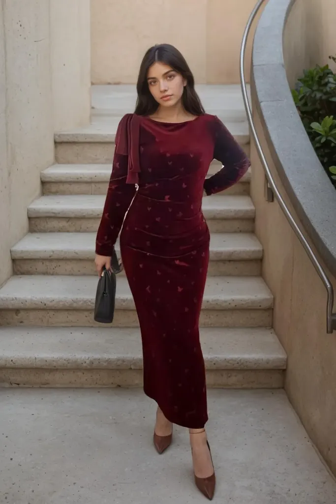 Maroon Ruched Butterfly Maxi Dress - Image 1