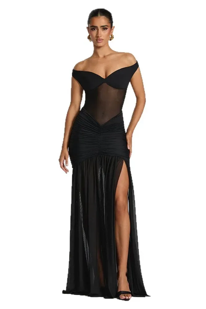 Black Off-Shoulder Slit Maxi Dress