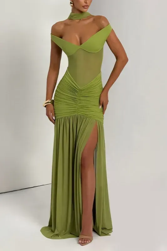 chinese dress ladies Shein Green Cut-Out Ruched Spaghetti Strap Slit Hem Maxi Sexy Bodycon Dress 6 main image 0