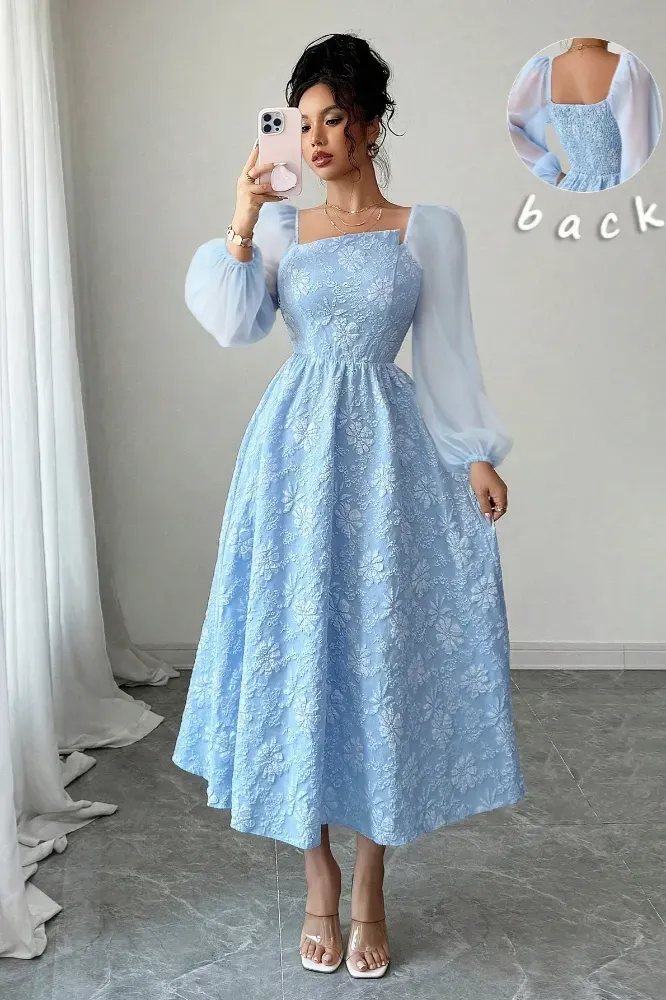 Blue Floral Smocked Midi Dress - Image 1