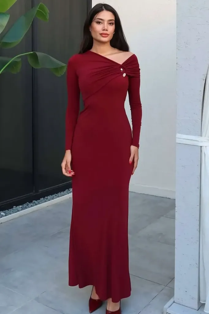 Maroon Asymmetric Bodycon Maxi Dress - Image 1