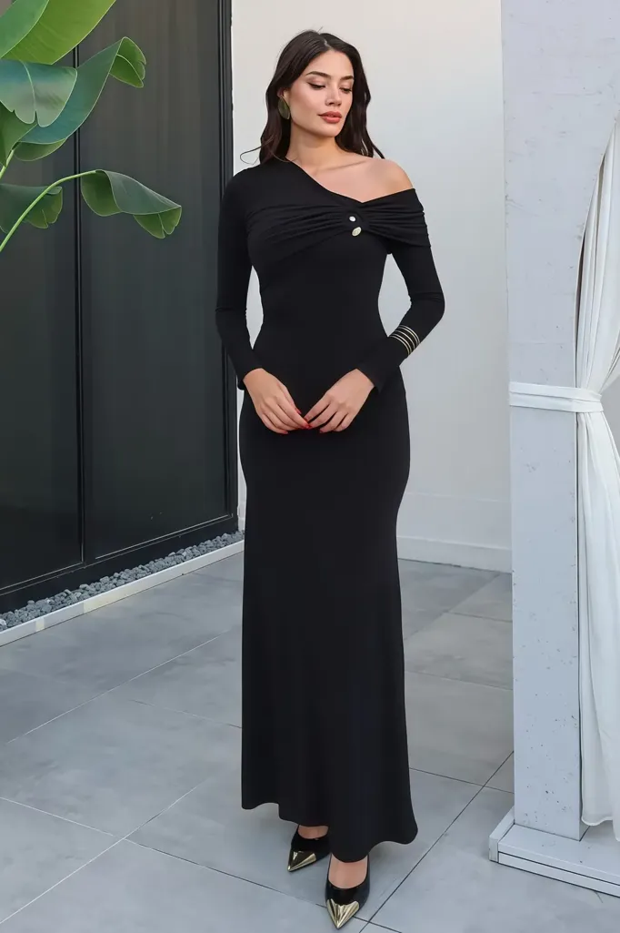 Black Asymmetric Bodycon Maxi Dress - Image 1