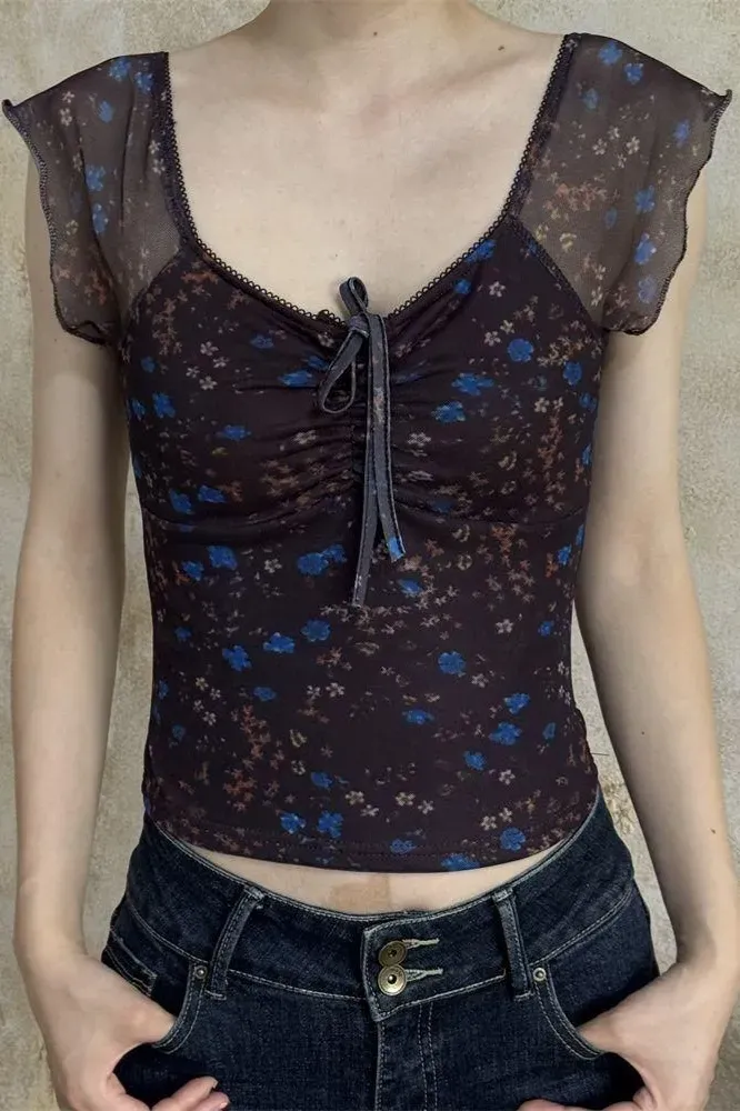 Dark Brown Floral Ruched Tie-Up Top - Image 1