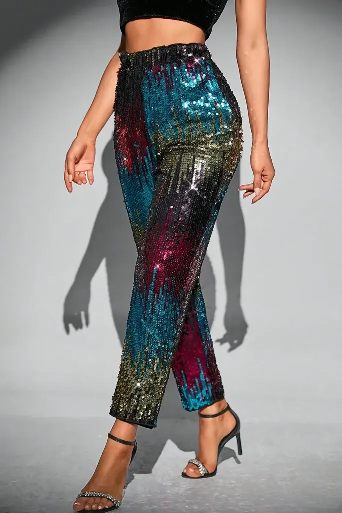 Multicolor Metallic Sequin Slim Pants - Image 1