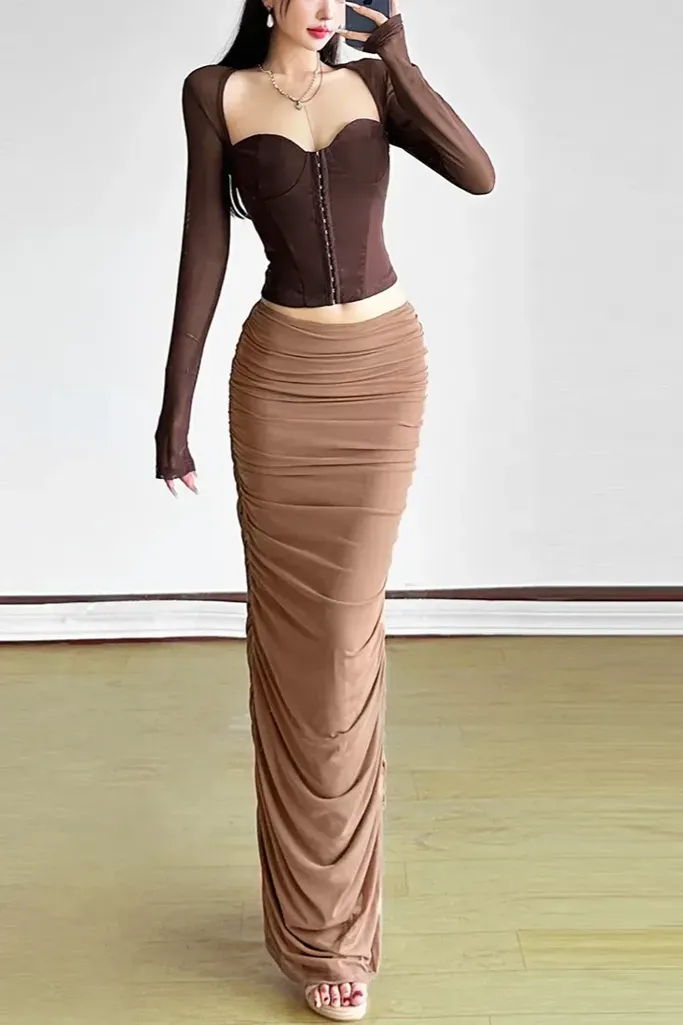 Beige Ruched Maxi Skirt - Image 1