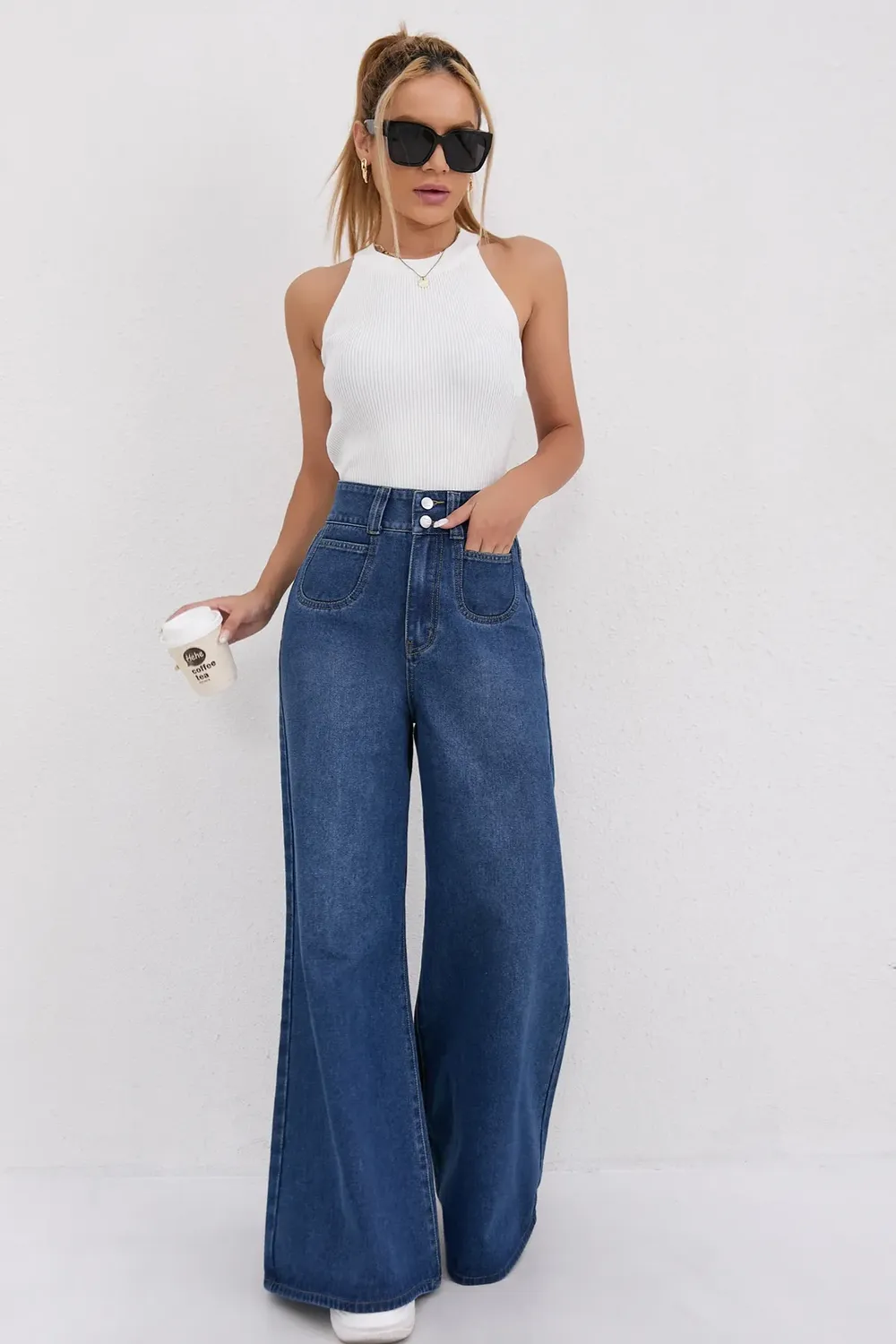 Blue High Rise Wide-Leg Jeans