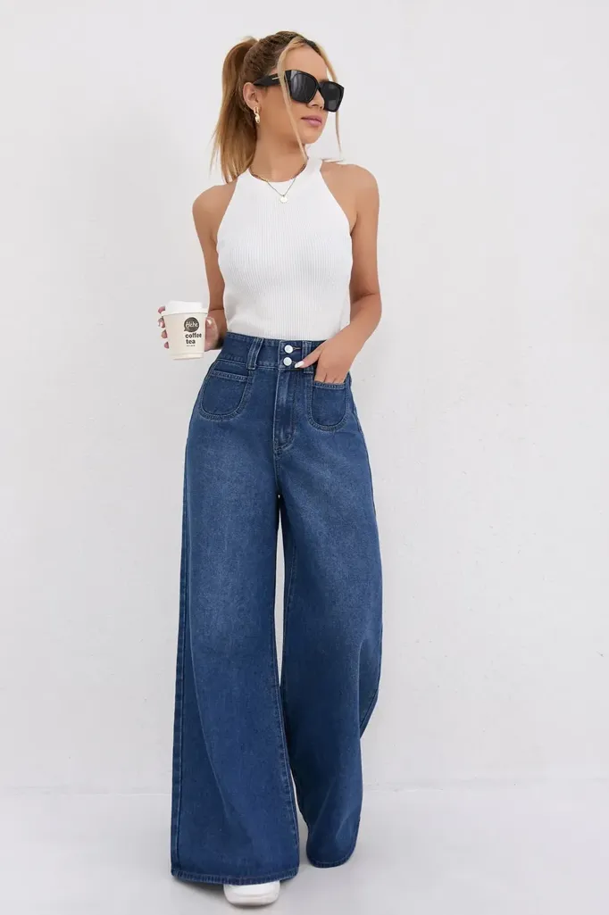 Dark Blue High Rise Wide Leg Jeans - Image 1