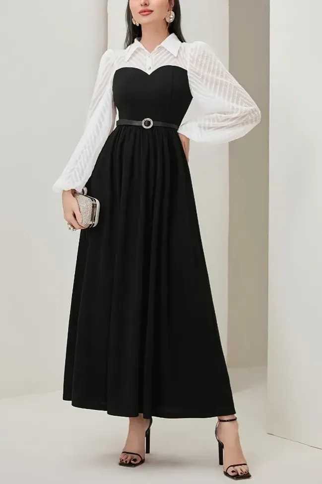 Black Maxi A-Line Shirt Collar Dress - NEWME