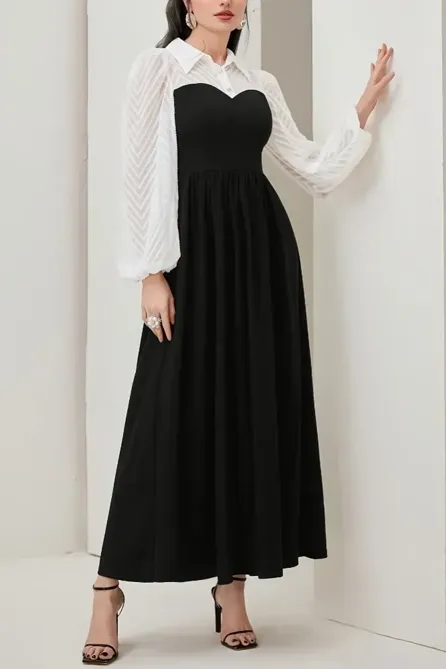 Black Maxi A-Line Shirt Collar Dress - NEWME