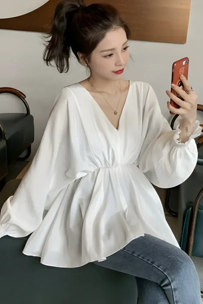 White Ruched V-Neck Top - Image 1