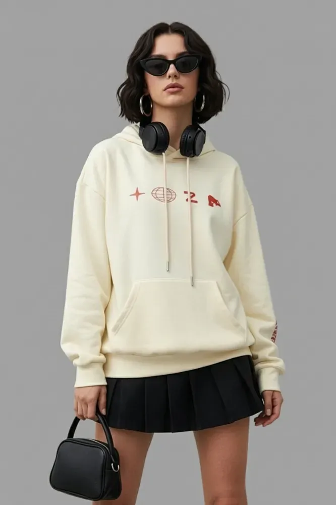 Cream Graphic Hood Neck Sweatshirt - Image 1