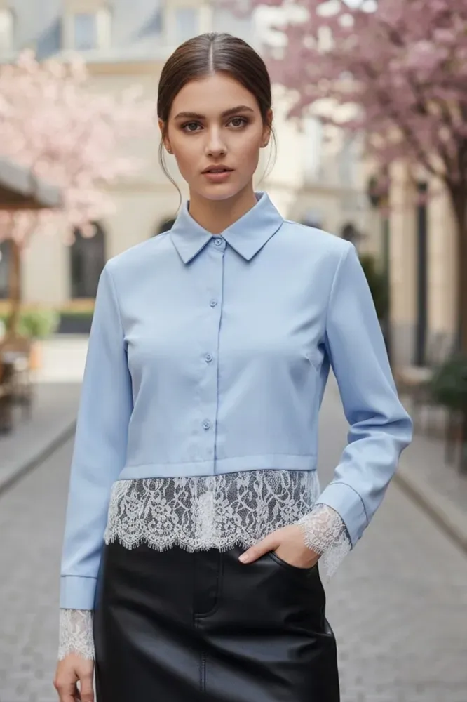 Light Blue Buttoned Lace Insert Shirt - Image 1