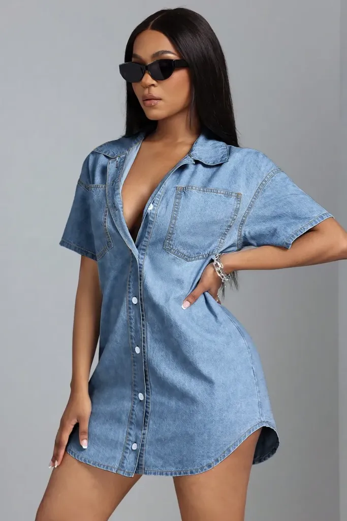 Light Blue Buttoned Denim Mini Dress - Image 1