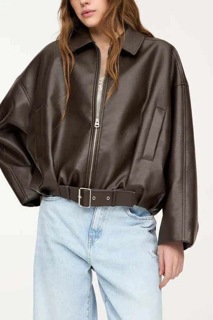 Brown Oversized Belted Pu Jacket - Image 1