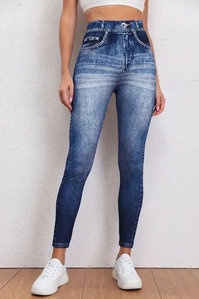 Dark Blue Denim Print Sports Jeggings - Image 1