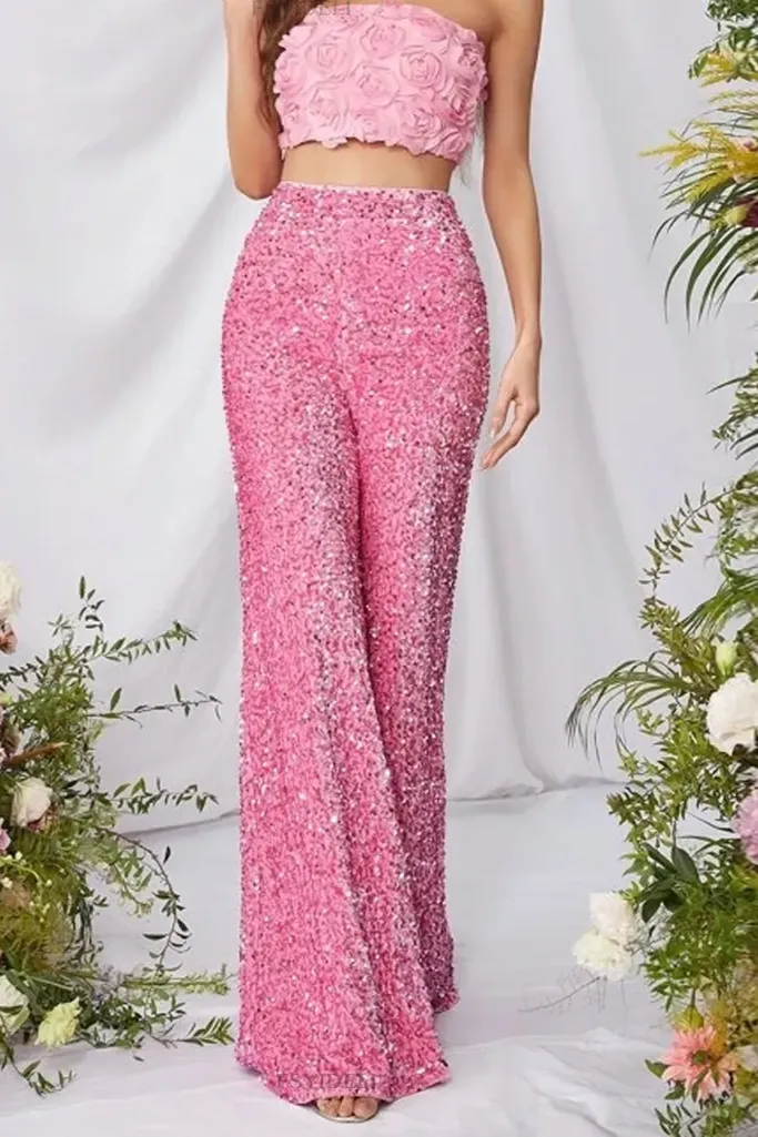 Pink High-Rise Sequined Flared Pants - Image 1